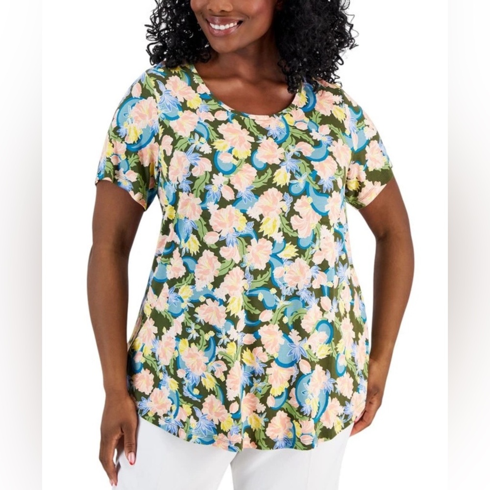 JM Collection Women's Plus Size 2X Oaklyn Short-Sleeve‎ Top Stretch Colorful